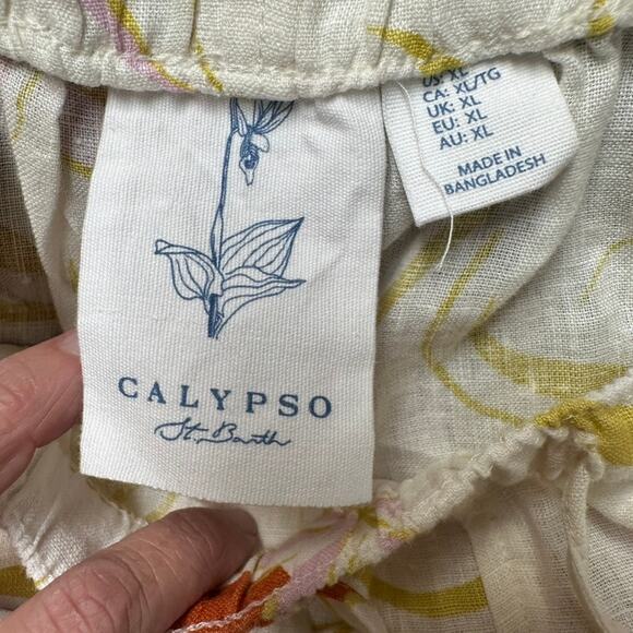 CALYPSO St. Barth 100% Linen Wide Leg Pants White Floral Print Size XL NWT - Picture 4 of 5